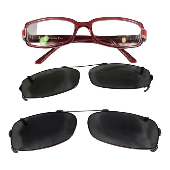 Christian Dior Red White Eyeglass Frames Italy With 2 Clip on Sunglasses & Box - Picture 1 of 6